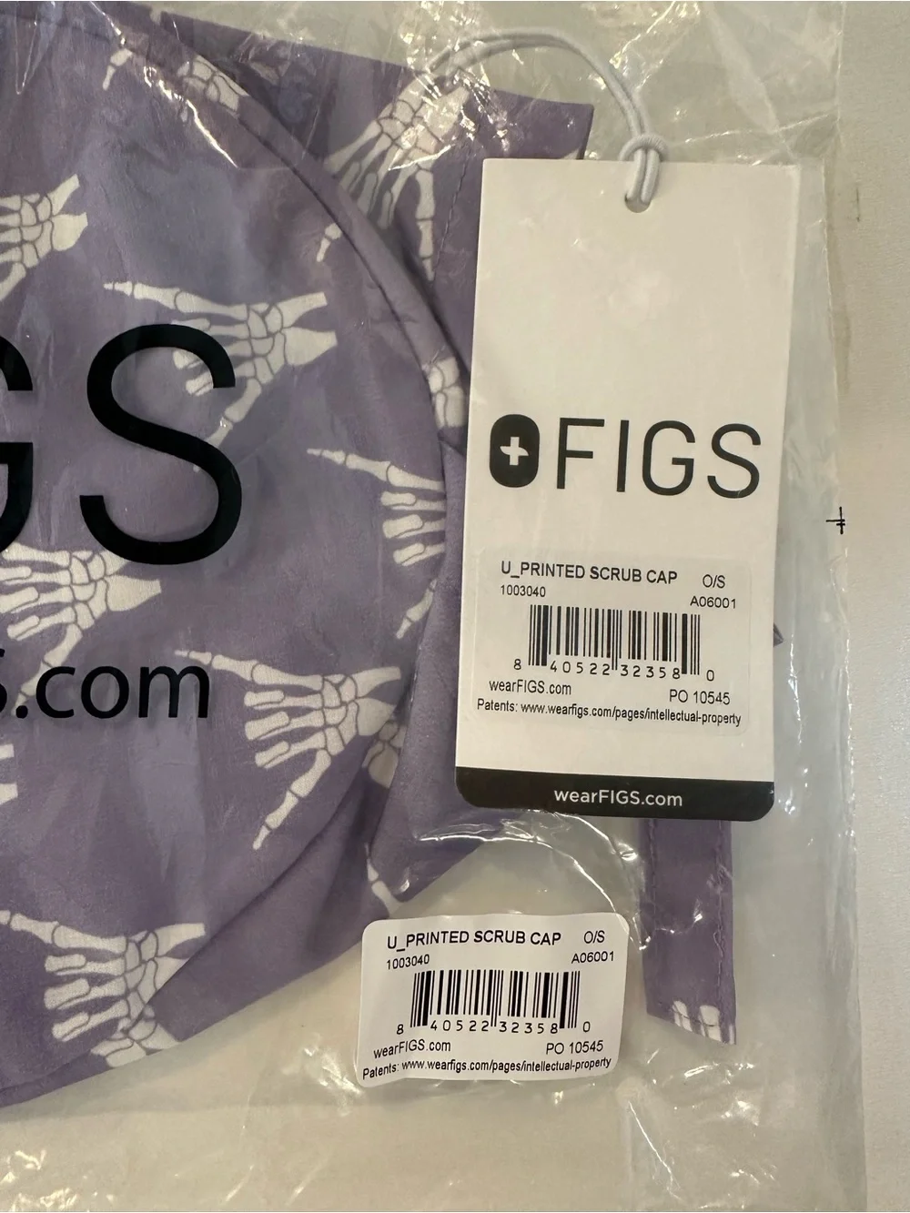 Figs Lavender Scrub Cap with White Skeletal Hand Pattern